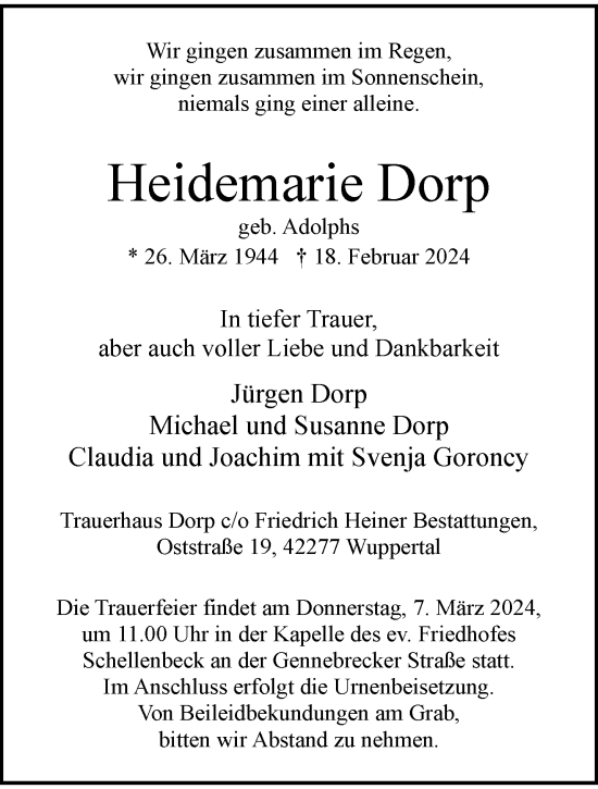 Traueranzeige von Heidemarie Dorp von trauer.wuppertaler-rundschau.de