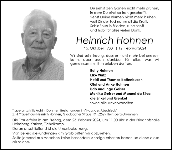 Traueranzeige von Heinrich Hohnen von trauer.extra-tipp-moenchengladbach.de