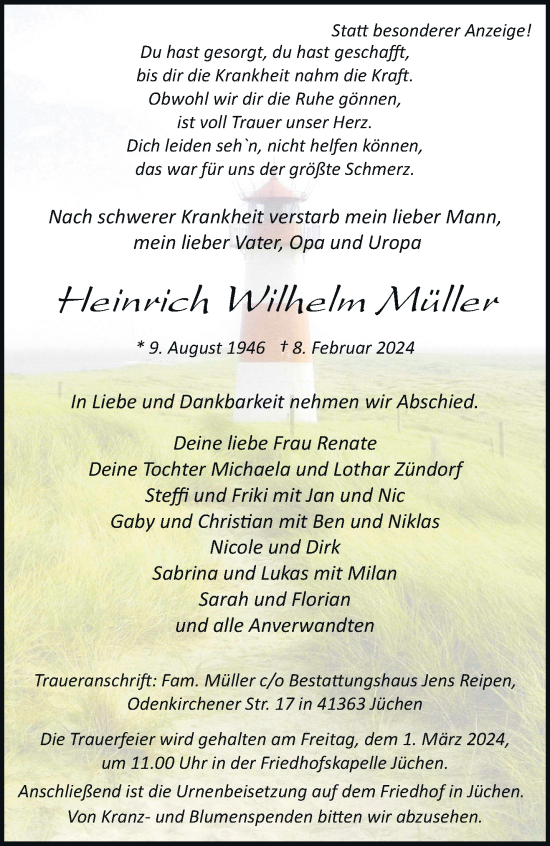 Traueranzeige von Heinrich Wilhelm Müller von trauer.stadt-kurier.de
