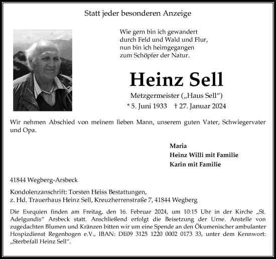 Traueranzeige von Heinz Sell von trauer.extra-tipp-moenchengladbach.de