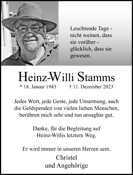 Traueranzeige von Heinz-Willi Stamms von trauer.extra-tipp-moenchengladbach.de