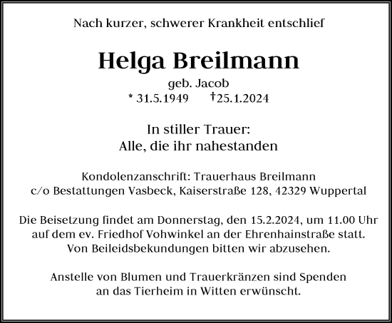 Traueranzeige von Helga Breilmann von trauer.wuppertaler-rundschau.de