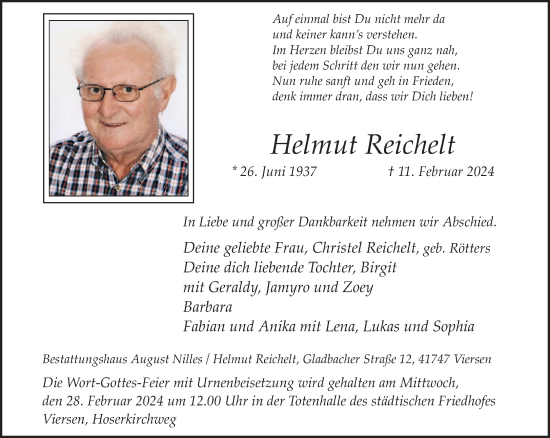 Traueranzeige von Helmut Reichelt von trauer.extra-tipp-moenchengladbach.de