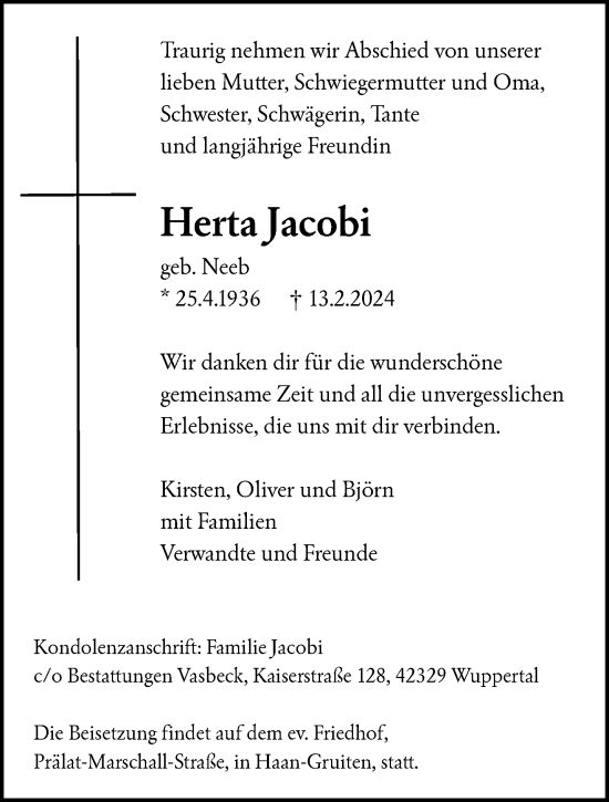 Traueranzeige von Herta Jacobi von trauer.wuppertaler-rundschau.de