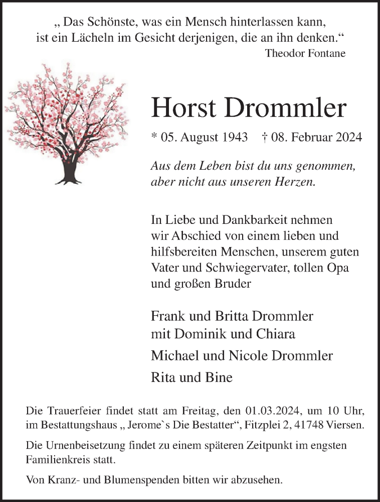  Traueranzeige für Horst Drommler vom 18.02.2024 aus trauer.extra-tipp-moenchengladbach.de