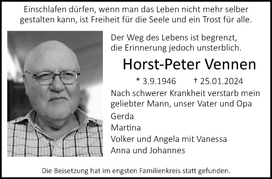 Traueranzeige von Horst-Peter Vennen von trauer.extra-tipp-moenchengladbach.de