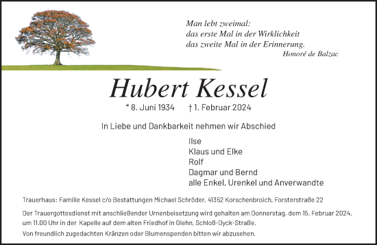 Traueranzeige von Hubert Kessel von trauer.extra-tipp-moenchengladbach.de