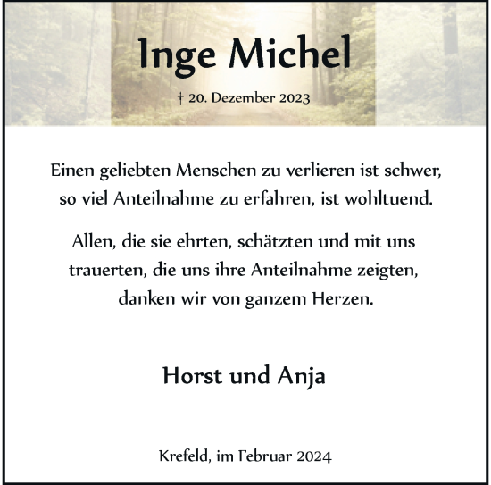 Traueranzeige von Inge Michel von trauer.extra-tipp-moenchengladbach.de