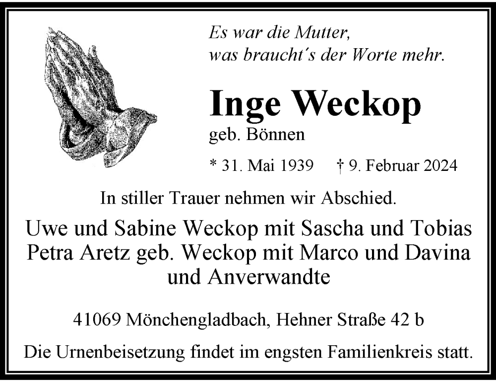 Traueranzeige für Inge Weckop vom 18.02.2024 aus trauer.extra-tipp-moenchengladbach.de