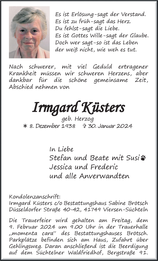 Traueranzeige von Irmgard Küsters von trauer.extra-tipp-moenchengladbach.de