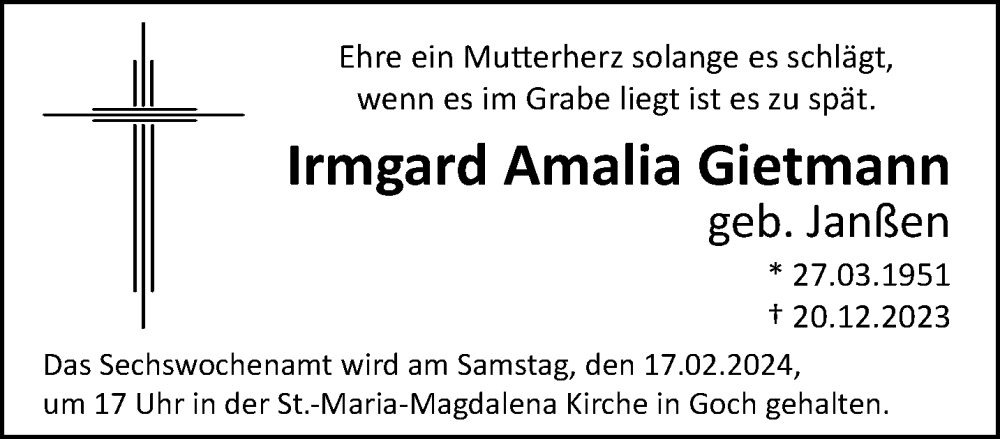  Traueranzeige für Irmgard Amalia Gietmann vom 11.02.2024 aus trauer.extra-tipp-moenchengladbach.de