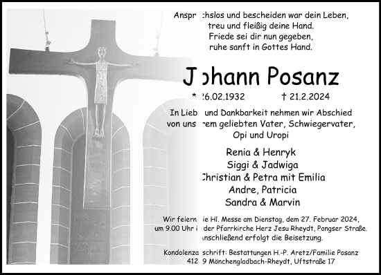 Traueranzeige von Johann Posanz von trauer.extra-tipp-moenchengladbach.de