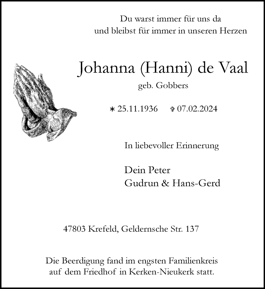  Traueranzeige für Johanna de Vaal vom 25.02.2024 aus trauer.extra-tipp-moenchengladbach.de