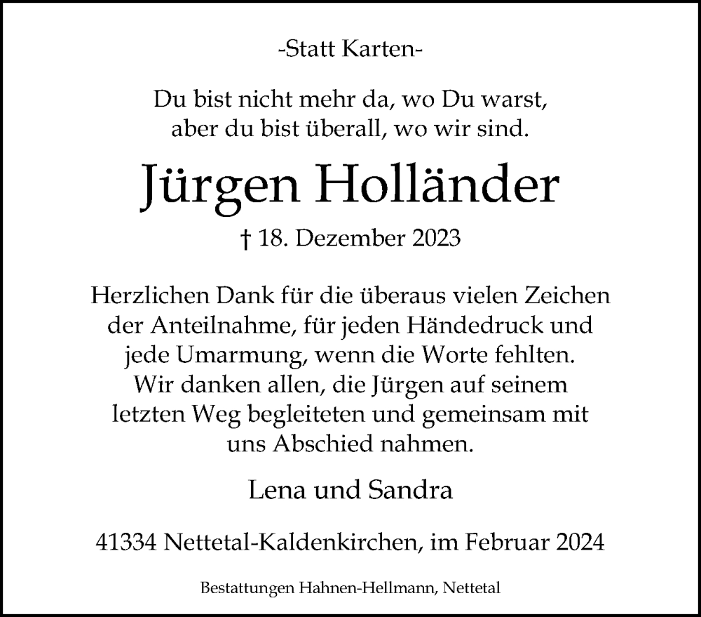  Traueranzeige für Jürgen Holländer vom 18.02.2024 aus trauer.extra-tipp-moenchengladbach.de