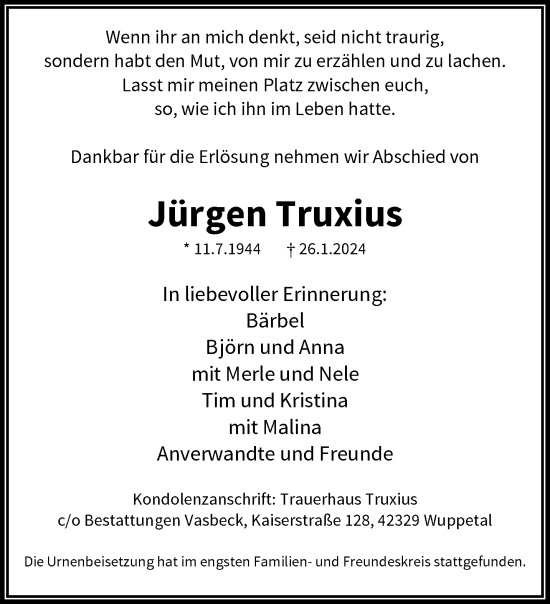 Traueranzeige von Jürgen Truxius von trauer.wuppertaler-rundschau.de