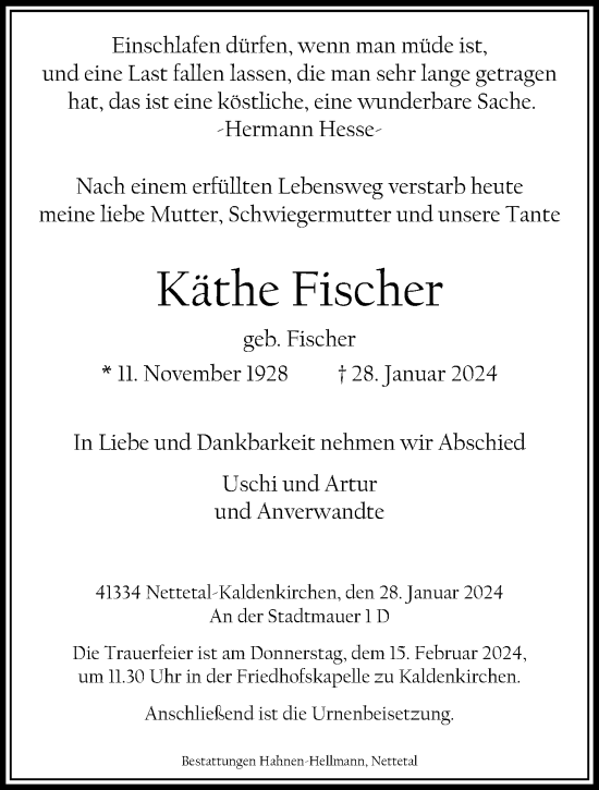 Traueranzeige von Käthe Fischer von trauer.extra-tipp-moenchengladbach.de