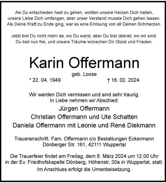 Traueranzeige von Karin Offermann von trauer.wuppertaler-rundschau.de