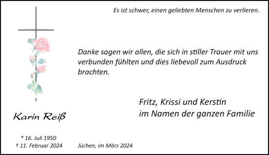 Traueranzeige von Karin Reiß von trauer.stadt-kurier.de