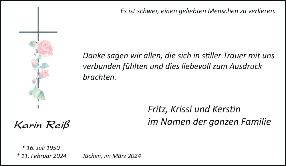  Traueranzeige für Karin Reiß vom 02.03.2024 aus trauer.stadt-kurier.de