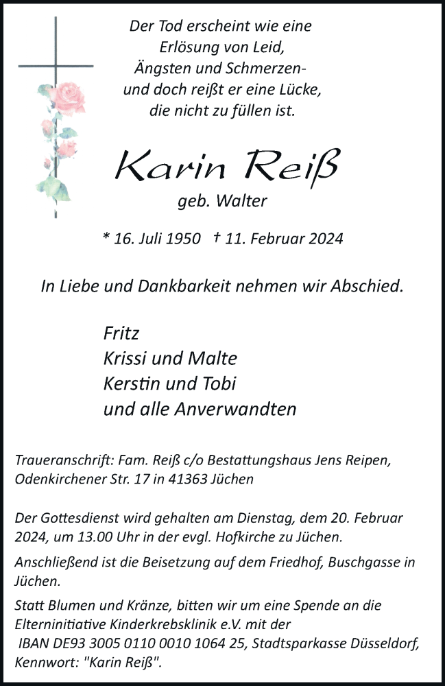 Traueranzeige für Karin Reiß vom 17.02.2024 aus trauer.stadt-kurier.de