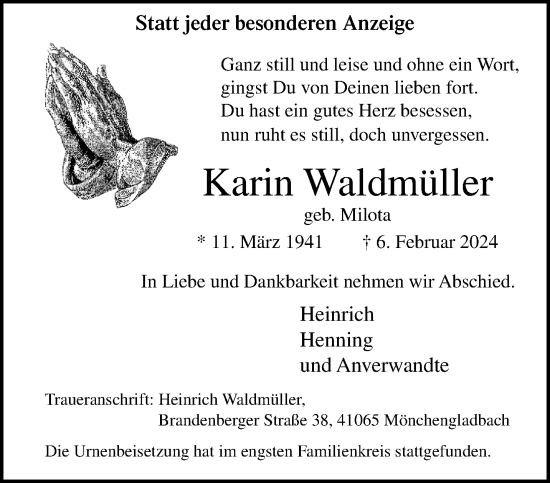 Traueranzeige von Karin Waldmüller von trauer.extra-tipp-moenchengladbach.de