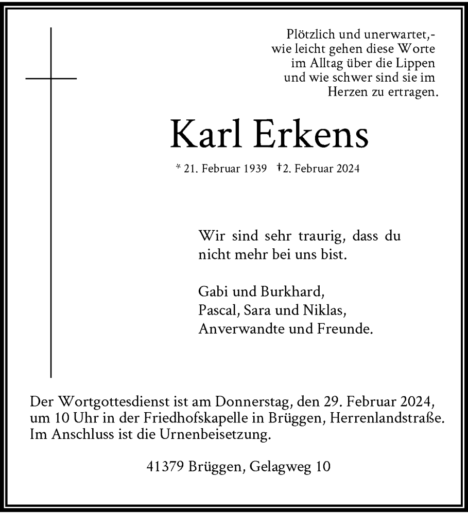  Traueranzeige für Karl Erkens vom 25.02.2024 aus trauer.extra-tipp-moenchengladbach.de