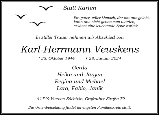 Traueranzeige von Karl-Herrmann Veuskens von trauer.extra-tipp-moenchengladbach.de