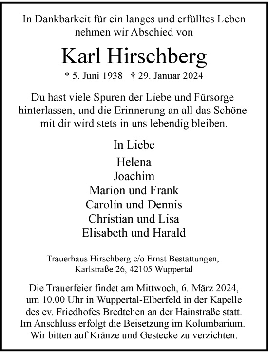 Traueranzeige von Karl Hirschberg von trauer.wuppertaler-rundschau.de