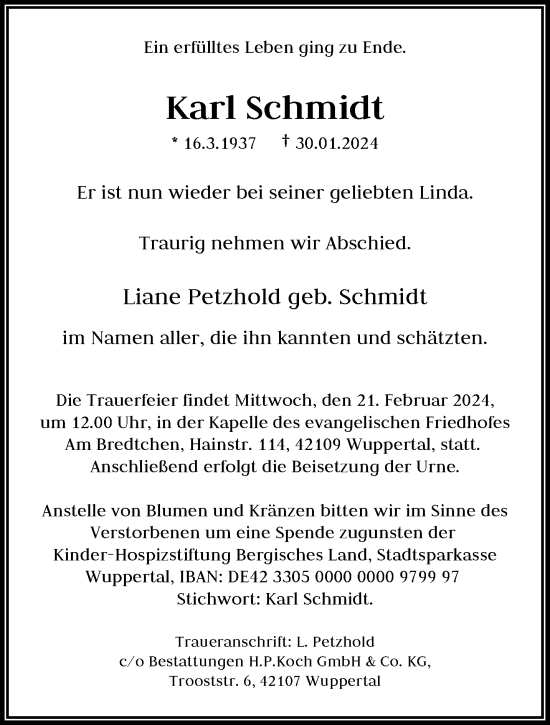 Traueranzeige von Karl Schmidt von trauer.wuppertaler-rundschau.de