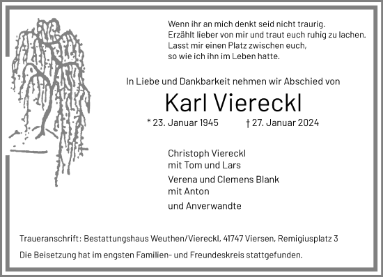 Traueranzeige von Karl Viereckl von trauer.extra-tipp-moenchengladbach.de