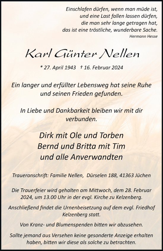 Traueranzeige von Karl Günter Nellen von trauer.stadt-kurier.de