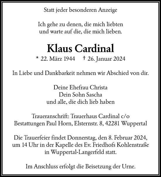 Traueranzeige von Klaus Cardinal von trauer.wuppertaler-rundschau.de