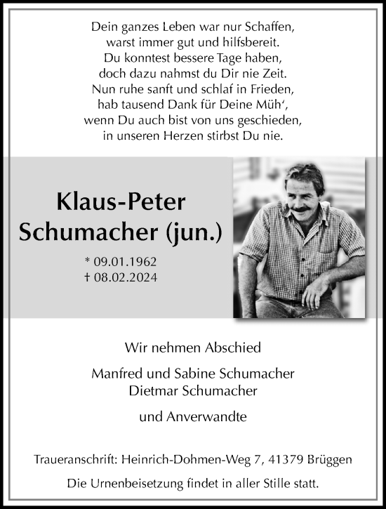 Traueranzeige von Klaus-Peter Schumacher von trauer.extra-tipp-moenchengladbach.de