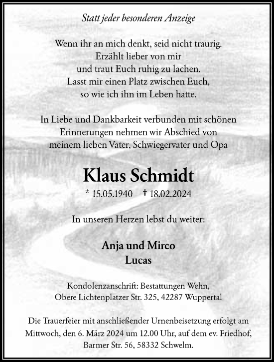 Traueranzeige von Klaus Schmidt von trauer.wuppertaler-rundschau.de