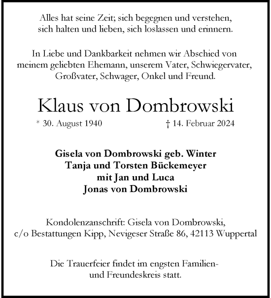 Traueranzeige von Klaus von Dombrowski von trauer.wuppertaler-rundschau.de