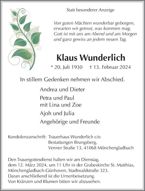 Traueranzeige von Klaus Wunderlich von trauer.extra-tipp-moenchengladbach.de