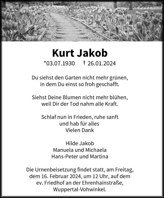 Traueranzeige von Kurt Jakob von trauer.wuppertaler-rundschau.de