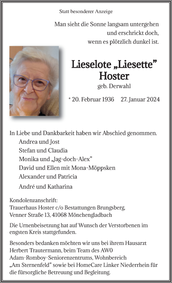 Traueranzeige von Lieselote Hoster von trauer.extra-tipp-moenchengladbach.de