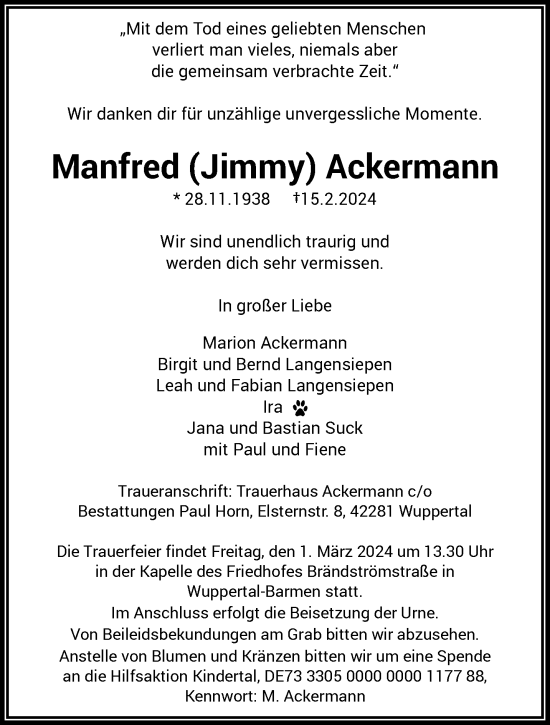 Traueranzeige von Manfred Ackermann von trauer.wuppertaler-rundschau.de