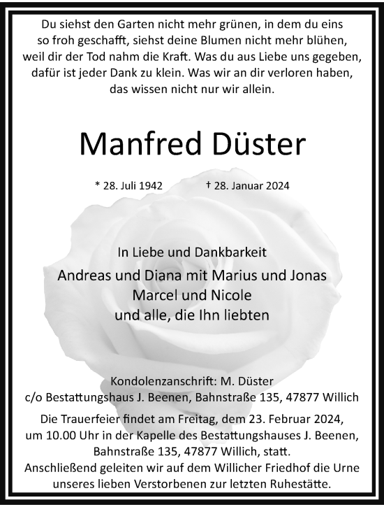 Traueranzeige von Manfred Düster von trauer.extra-tipp-moenchengladbach.de