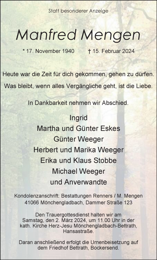  Traueranzeige für Manfred Mengen vom 25.02.2024 aus trauer.extra-tipp-moenchengladbach.de