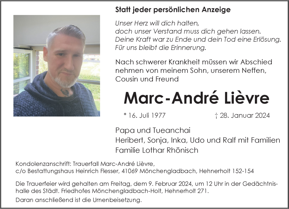  Traueranzeige für Marc-Andre Lievre vom 04.02.2024 aus trauer.extra-tipp-moenchengladbach.de