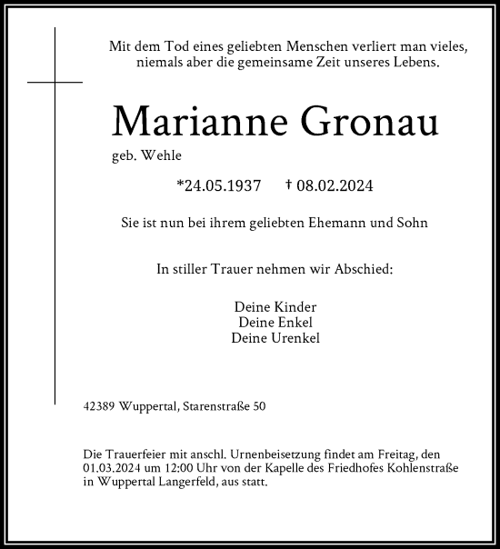 Traueranzeige von Marianne Gronau von trauer.wuppertaler-rundschau.de