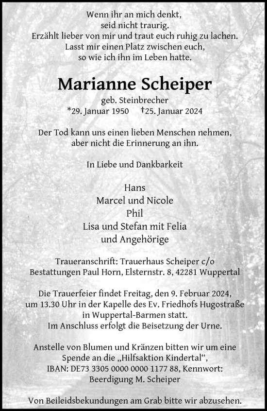 Traueranzeige von Marianne Scheiper von trauer.wuppertaler-rundschau.de