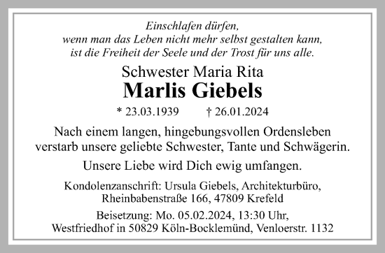 Traueranzeige von Maria Rita Marlis Giebels von trauer.extra-tipp-moenchengladbach.de