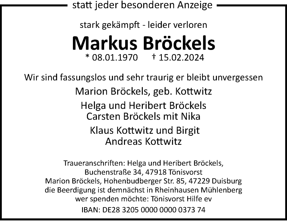  Traueranzeige für Markus Bröckels vom 18.02.2024 aus trauer.extra-tipp-moenchengladbach.de
