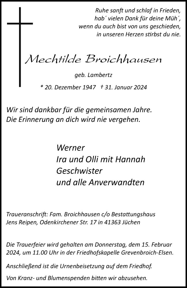  Traueranzeige für Mechtilde Broichhausen vom 10.02.2024 aus trauer.stadt-kurier.de