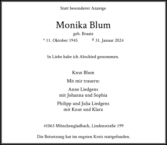 Traueranzeige von Monika Blum von trauer.extra-tipp-moenchengladbach.de