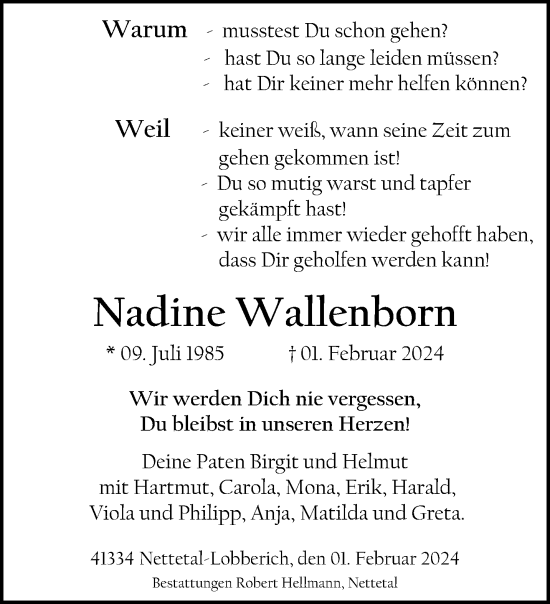 Traueranzeige von Nadine Wallenborn von trauer.extra-tipp-moenchengladbach.de