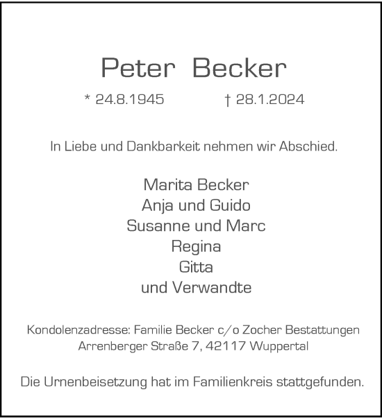 Traueranzeige von Peter Becker von trauer.wuppertaler-rundschau.de